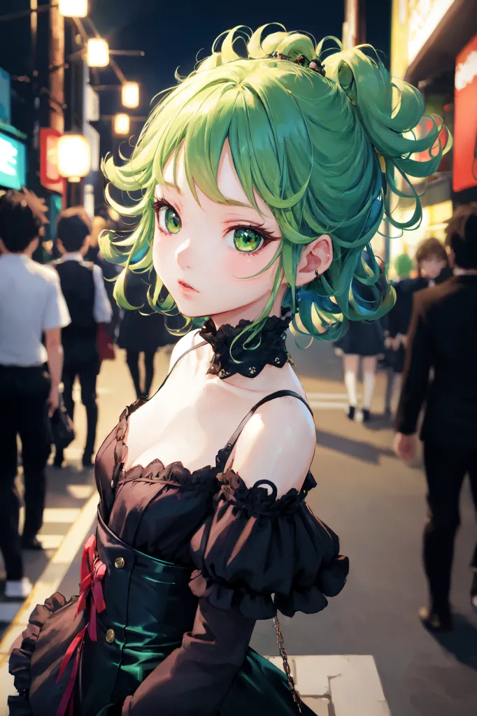 The image shows a young woman with green hair and green eyes. She is wearing a black dress with a white collar. The dress has a sweetheart neckline and is off the shoulders. She is also wearing a black choker with a red ribbon. Her hair is pulled back into a ponytail and she has a small green bow in her hair. She is standing in a busy street with people walking past her. There are also cars and buildings in the background. The image is drawn in a realistic style and the colors are vibrant and bright.