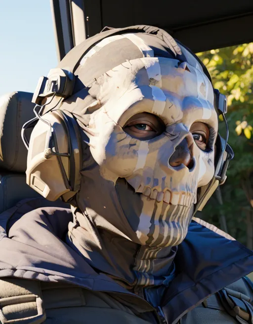 The image shows a soldier wearing a skull mask and headphones. The soldier is looking to the right of the frame. The soldier is wearing a military-style uniform and has a gun. The background is blurred.