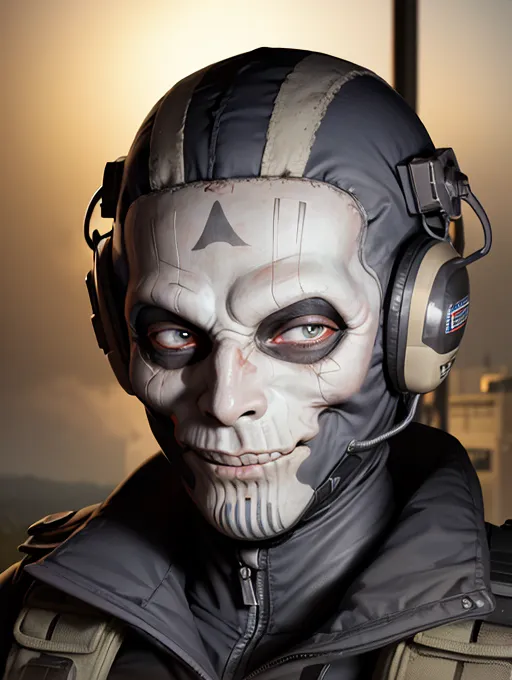 The image is a close-up of a man wearing a mask. The mask has a skull-like design, with a black triangle on the forehead and glowing white eyes. The man is wearing a black and white jacket and has a headset on. He has a small smile on his face.