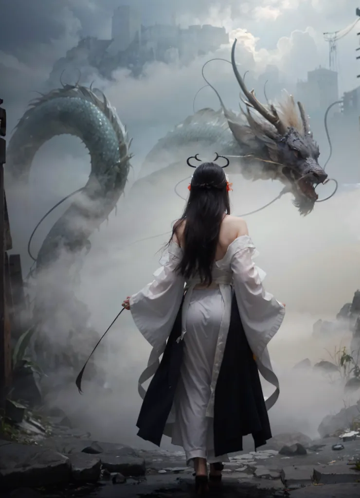 The image is of a woman in a white dress with long black hair standing in front of a large grey and white dragon. The dragon has its mouth open and is looking at the woman. The woman is holding a sword in her right hand. She is wearing a white dress with a black sash and has a white flower in her hair. The background is a grey sky with clouds.