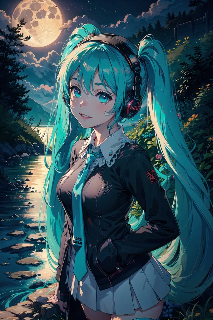 The image is a painting of a young woman with long, flowing teal hair. She is wearing a black jacket, a white shirt, and a blue tie. She has a pair of headphones on and is standing in a forest near a lake, with a full moon in the background. The water in the lake is a deep blue and there are some rocks in the foreground. The forest is dark and mysterious. The woman is smiling and has a serene expression on her face.