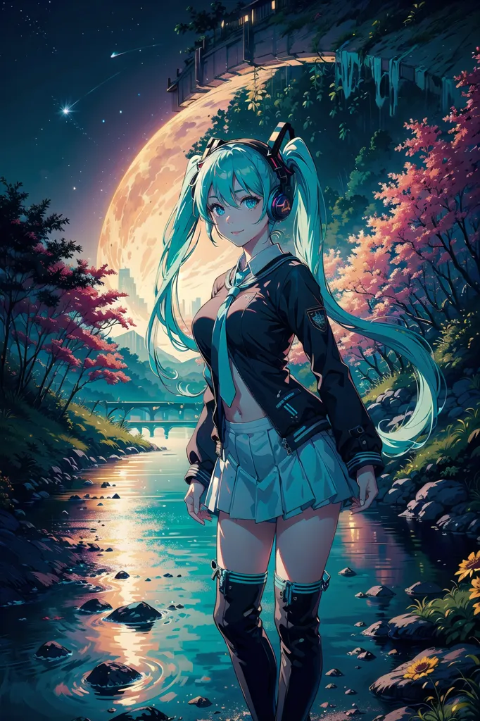 The image is a painting of a young woman standing in a forest. She is wearing a black jacket, a white skirt, and headphones. She has long blue hair and green eyes. The background is a river with a bridge in the distance. The sky is dark and there is a full moon. The painting is in a realistic style and the colors are vibrant.