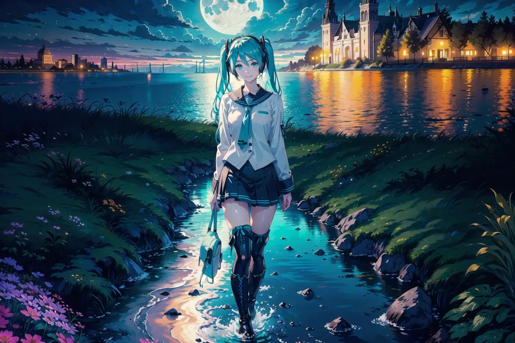 The image is a painting of a young woman standing in a river. She is wearing a school uniform and has long blue hair. The background is a cityscape with a large moon in the sky. The painting is done in a realistic style and the colors are vibrant and lifelike. The image is also very detailed and the artist has paid close attention to the small details. For example, the woman's hair is blowing in the wind and the water is rippling around her feet. The image is also very atmospheric and the artist has captured the feeling of a warm summer night.