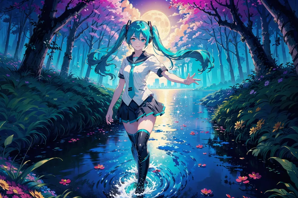 This is an image of a girl with long blue hair, blue eyes, and a white and blue outfit. She is standing in a creek in a forest. The water is splashing around her feet. There are pink and purple flowers on the banks of the creek. There are also green trees and bushes on the banks. In the background is a full moon and a large body of water. The sky is dark blue and there are some clouds.