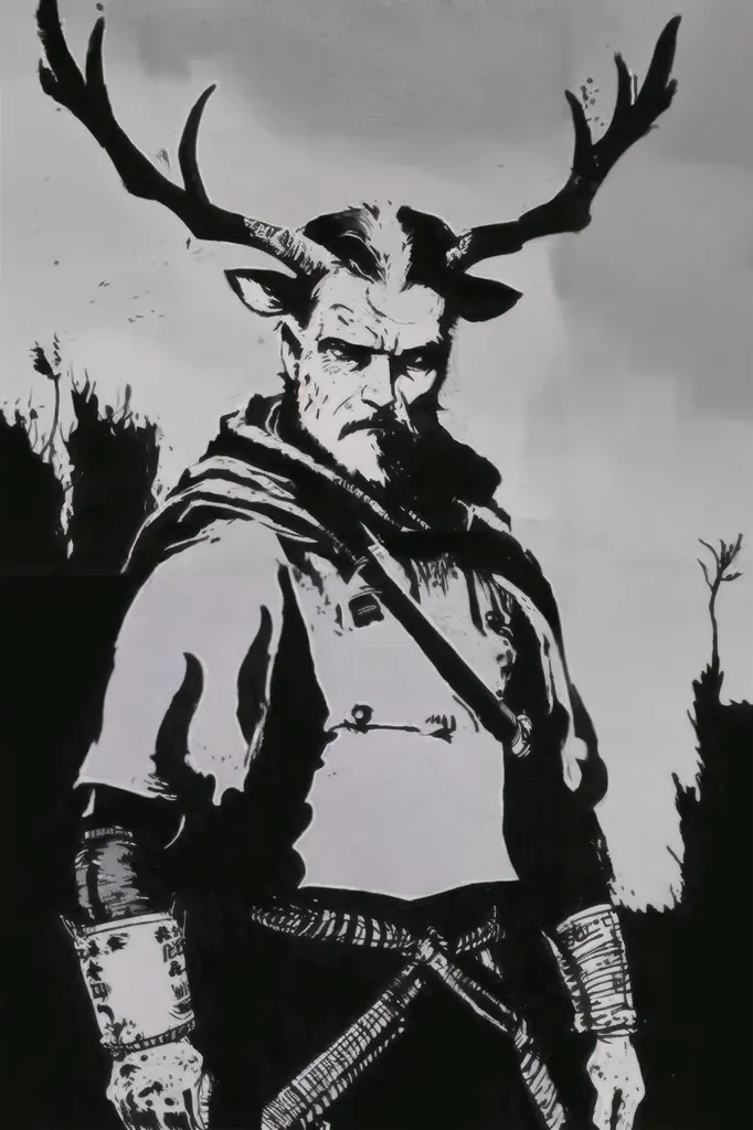 The image is a black and white drawing of a man with antlers. He is wearing a cloak and has a beard. He looks like a warrior or a hunter. He has a determined expression on his face. He seems to be looking at something or someone. The background is a forest. The image is dark and mysterious. It evokes a sense of danger and adventure.