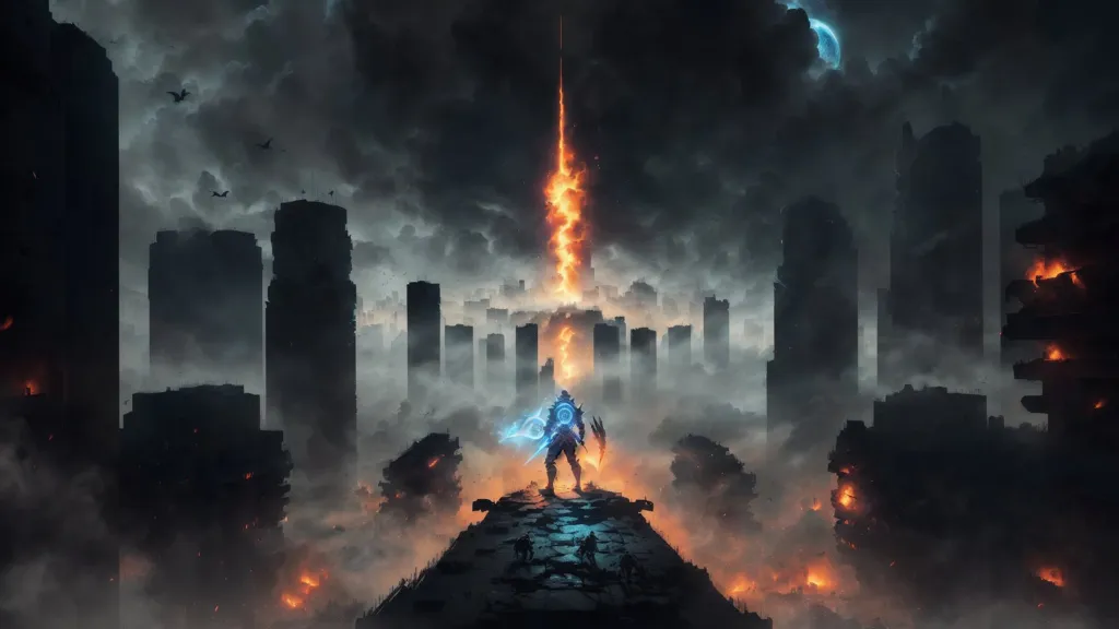 The image is set in a dark and ruined city. The sky is filled with dark clouds and there are fires burning in the distance. The city is in ruins and there are no people visible. There is a figure standing in the foreground of the image. The figure is wearing a dark cloak and has a sword in their hand. They are looking out over the ruined city.