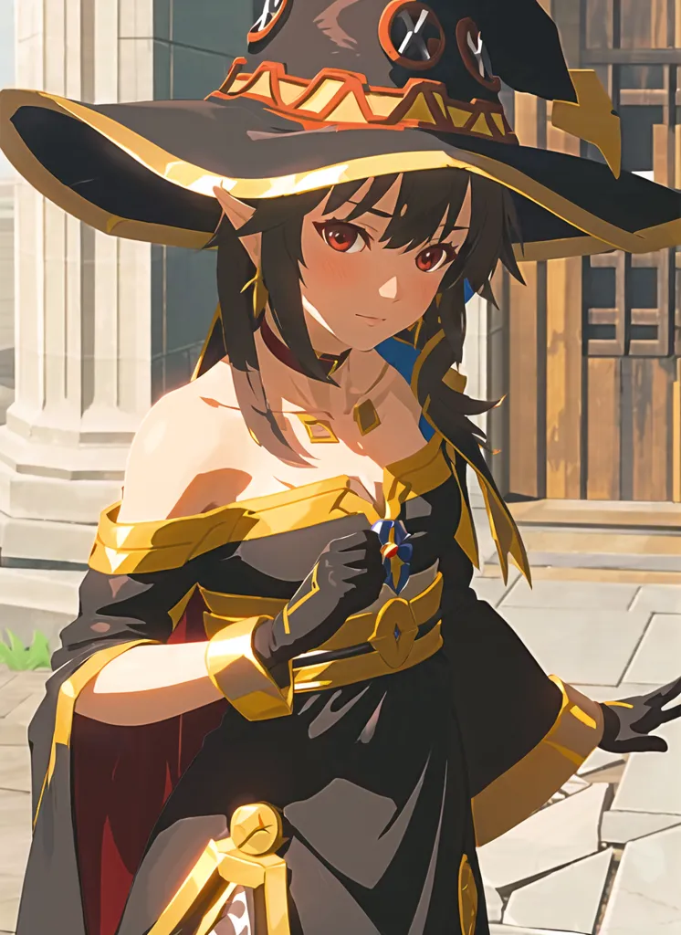 The image is of a young woman with long black hair and red eyes. She is wearing a black and gold witch's hat and a black and gold dress. She is standing in a stone courtyard, and there is a building with wooden doors behind her.