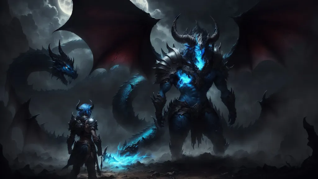 The image is a dark fantasy illustration of a battle between a demon and a dragon. The demon is a tall, muscular creature with blue skin and black horns. He is wearing black armor and wielding a large sword. The dragon is a long, serpentine creature with black scales and red wings. It is flying in the air and breathing fire at the demon. In the background, there is a dark, stormy sky and a full moon.