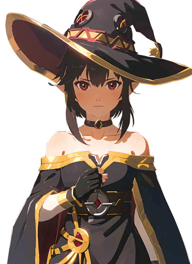 The image is of a young woman with long black hair and red eyes. She is wearing a black and gold witch's hat and a black dress with a white collar. She is also wearing a pair of black gloves. She has a serious expression on her face.