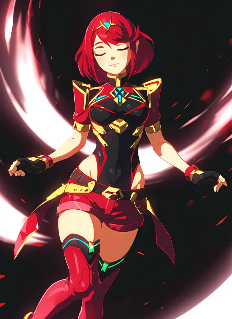 The image shows a young woman with red hair and red eyes. She is wearing a red and black outfit with a white cape. She is standing in a dark place with a red glow around her. She has her eyes closed and looks like she is meditating.