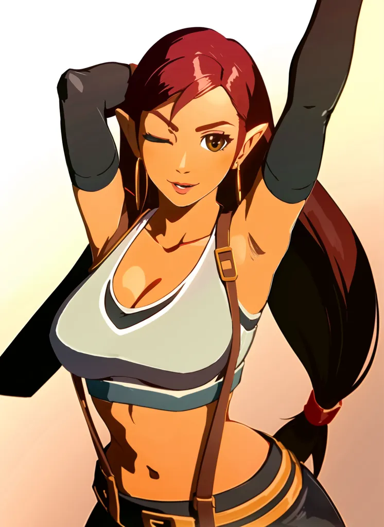 The image is of a young woman with long brown hair and brown eyes. She is wearing a white sports bra and black pants. She has a confident expression on her face and is winking at the viewer. She is also wearing a brown belt and has brown boots. She has elf ears.