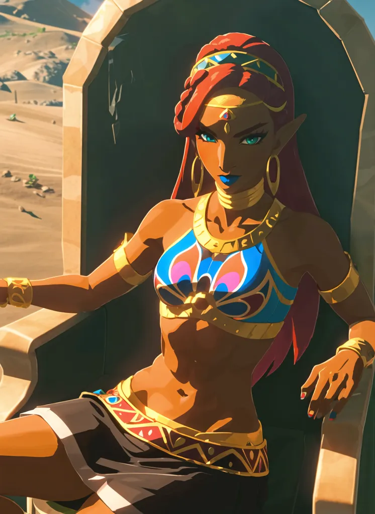 This is an image of a Gerudo woman from the Legend of Zelda: Breath of the Wild video game. She is sitting on a stone throne in the Gerudo Desert. She is wearing a blue and red outfit with a white sash and has long red hair. She is also wearing a lot of jewelry, including a necklace, earrings, and bracelets. She has her left hand resting on the arm of the throne and her right hand is holding her chin. She is looking at the player with a serious expression on her face.