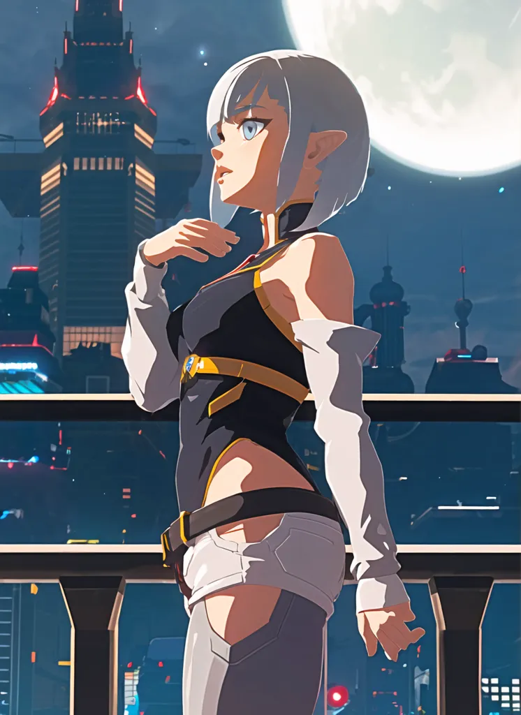 The image is of a young woman standing on a rooftop in a futuristic city. She is looking out over the city, which is full of tall buildings and bright lights. The woman is wearing a white and black outfit, and she has short white hair. She is also wearing a belt with a yellow buckle. The moon is in the background.