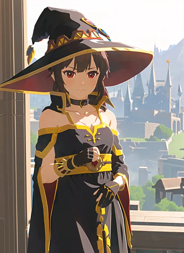 The image is of a young woman with long brown hair and red eyes. She is wearing a black and red witch's hat and a black dress with gold trim. She is standing in a medieval-style city, with a large castle in the background. The city is surrounded by mountains.