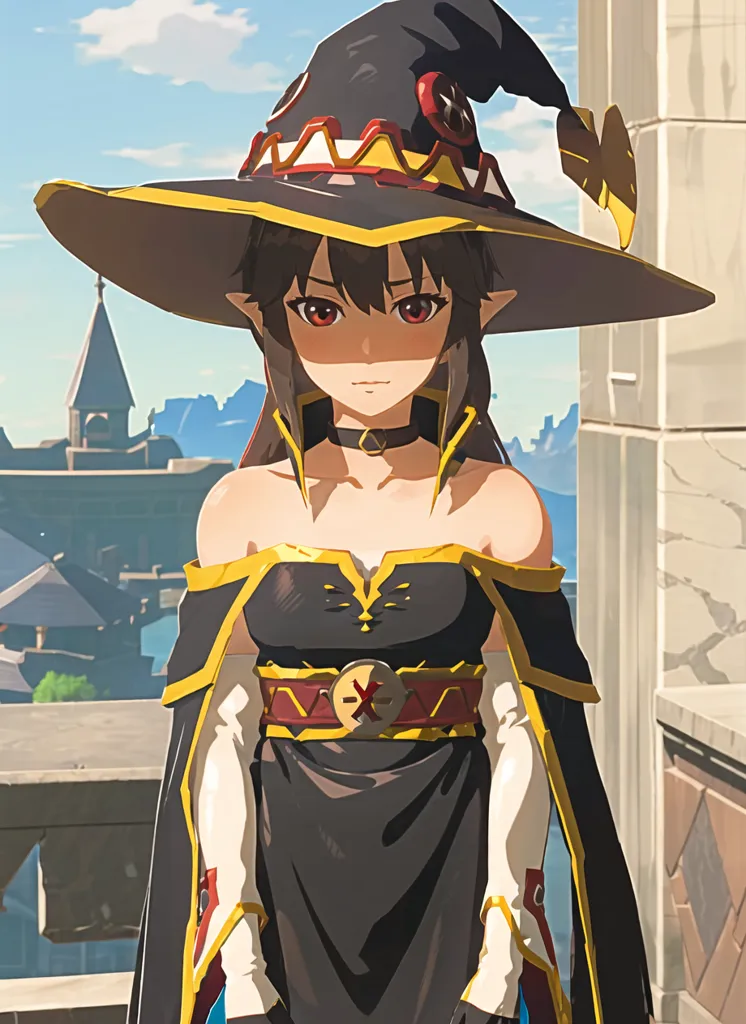 This image shows a young woman with long, dark hair and red eyes. She is wearing a black and red witch's hat and a black dress with a red and gold belt and white sleeves. She is standing on a stone balcony, with a large city in the background. The sky is blue and there are some clouds in the distance.