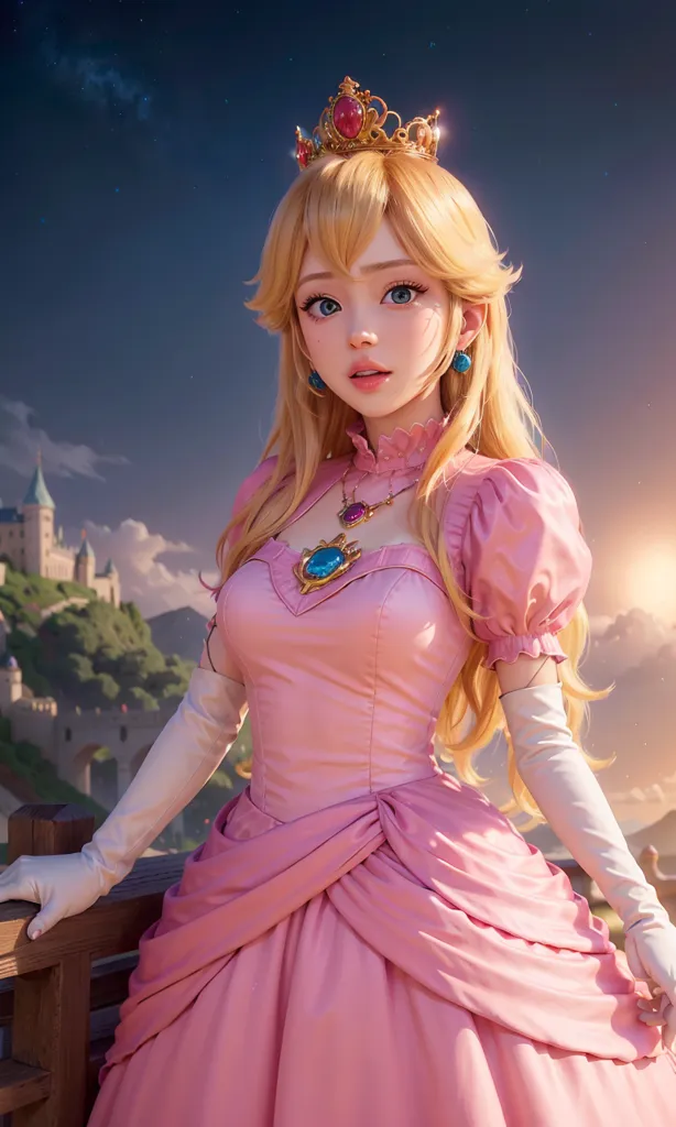 The image shows a young woman with long blonde hair and blue eyes. She is wearing a pink dress with a white collar and a gold crown on her head. She is standing on a balcony, looking out at a view of a castle in the distance. The sky is a gradient of purple and blue, and there are clouds dotting the sky. The image is in a realistic style, and the woman's expression is one of calm contentment.