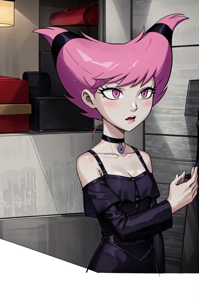 The image is of a young woman with pink hair and purple eyes. She is wearing a black dress with a sweetheart neckline and off-the-shoulder sleeves. She is also wearing a black choker with a silver pendant. She is standing in a room with a white background. There are several boxes and a garment bag behind her.