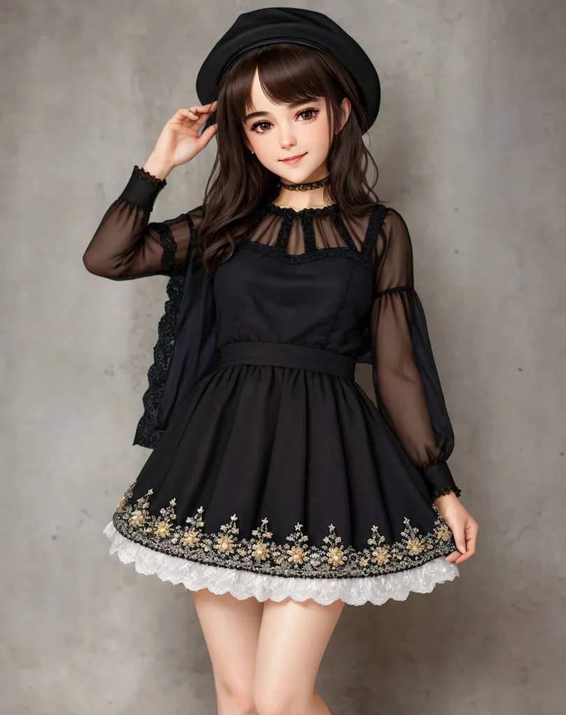 The image shows a young woman with long brown hair. She is wearing a black beret, a black dress with a white collar, and black boots. The dress has a floral pattern embroidered on the skirt. She is also wearing a necklace with a heart-shaped pendant.