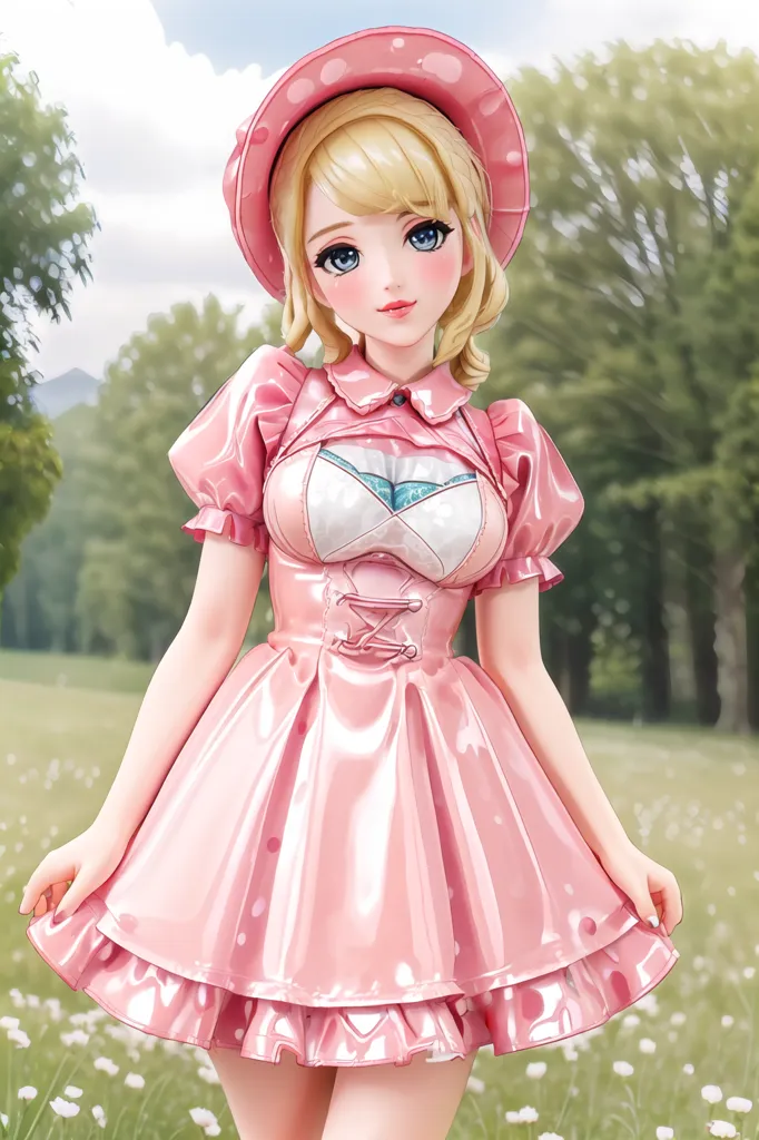 The image shows a young woman with long blond hair and blue eyes. She is wearing a pink dress with a white collar and a pink hat with white polka dots. She is standing in a field of flowers, and there are trees and mountains in the background. The image is drawn in a realistic style, and the woman is depicted in a cute and innocent manner.