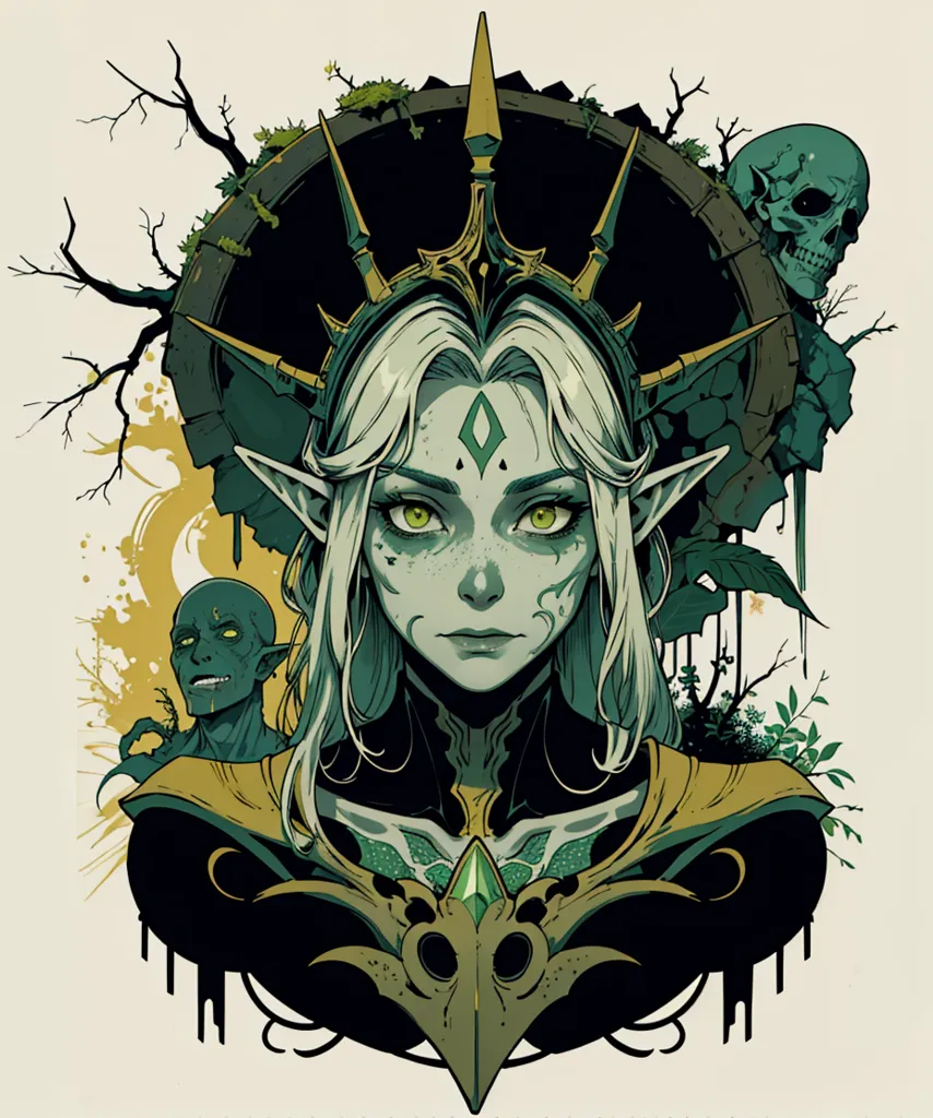 This image shows a portrait of a female elf with long white hair and green eyes. She is wearing a golden crown and a green dress with a white collar. She has a serious expression on her face. There are two skulls and some green branches behind her head.