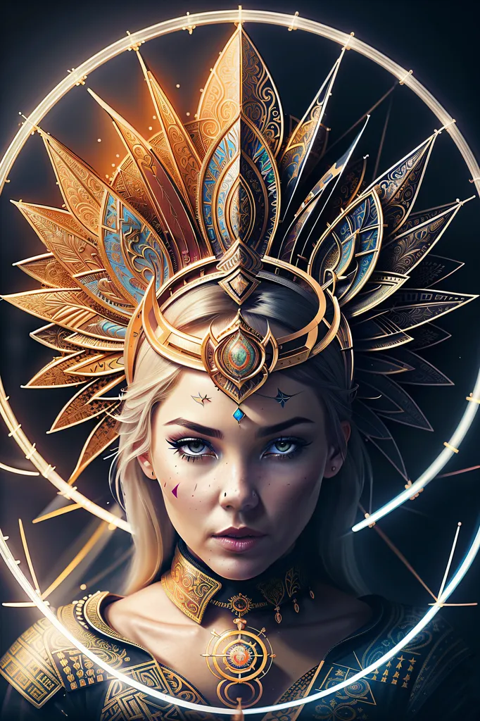 Esta imagem mostra uma mulher, com cabelos loiros, pele clara e olhos azuis. Ela parece estar usando um cocar elaborado, que é dourado na cor e tem um design semelhante ao sol. Há um círculo branco brilhante em torno de sua cabeça. Ela também está usando um colar dourado e uma camisa de cor escura com detalhes dourados. O fundo é escuro com um círculo branco brilhante em torno de sua cabeça.