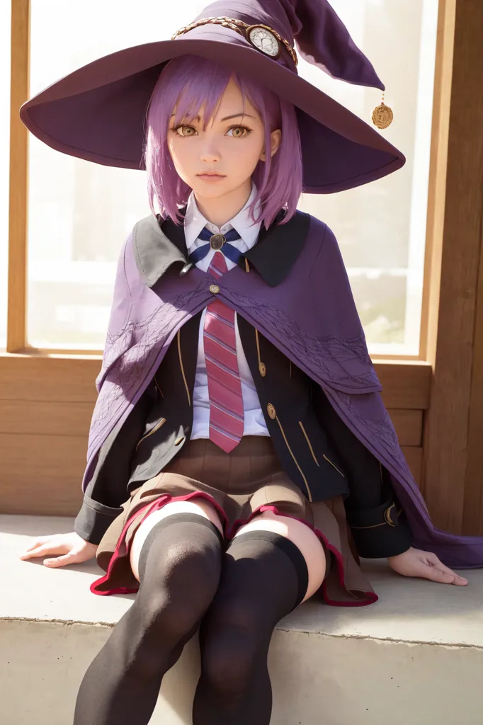 The image shows a young woman, sitting on a ledge, with a thoughtful expression on her face. She is wearing a purple hat, a white shirt, a tie, a black jacket, and a pleated skirt. She also has thigh-high black stockings and brown shoes. Her hair is purple and cut short. She is sitting with her legs crossed and her hands resting on her knees.