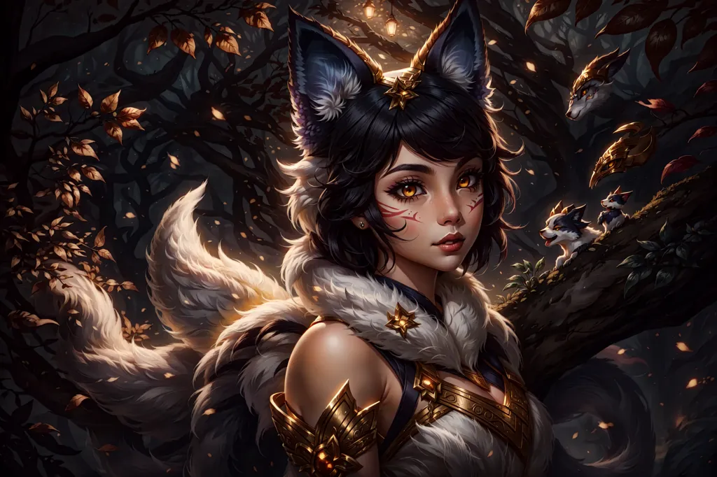 This image shows a young woman with cat ears and a fluffy white and gray tail. She is standing in a dark forest, surrounded by falling leaves. She is wearing a white and gold outfit and has a serious expression on her face. There are two small creatures on the branch next to her. One is gray and the other is orange.