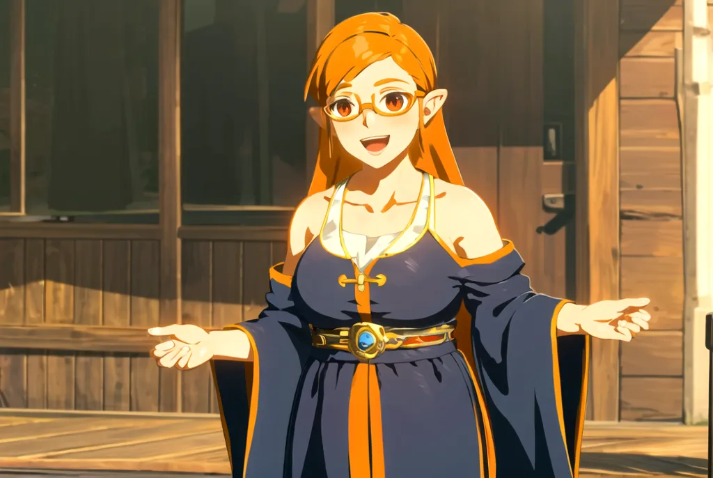 The image shows a young woman with orange hair and glasses. She is wearing a blue and orange dress with a white camisole. She has a friendly smile on her face and is standing with her arms outstretched. She is standing in front of a wooden house.