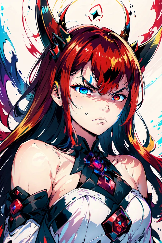 The image is a portrait of a young woman with red hair and eyes. She is wearing a white and black dress with a red gem in the center. She has a serious expression on her face. There are paint splatters around her head.