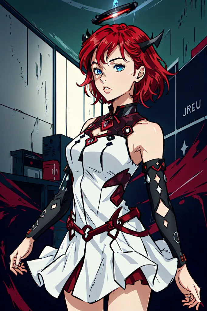 Esta es una ilustración de una mujer joven con cabello rojo y ojos azules. Lleva un vestido blanco con acentos rojos y negros. El vestido tiene una falda plisada y un escote de corazón. También lleva un par de guantes negros y un par de botas negras. Tiene una expresión seria en su rostro. Está de pie en una habitación oscura con una fuente de luz azul en el fondo.