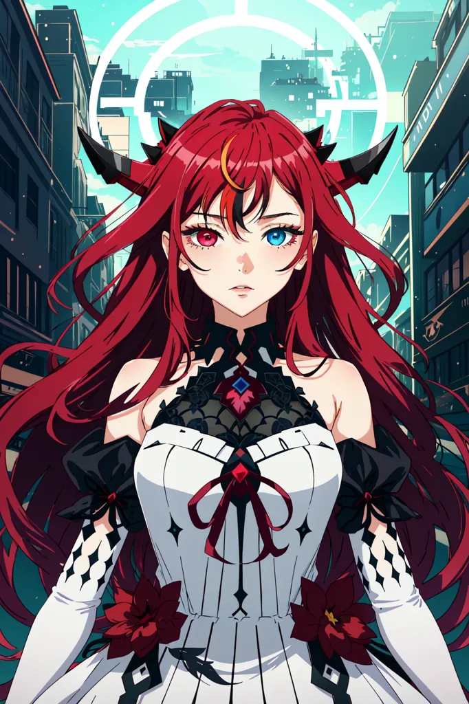 The image is an anime-style illustration of a young woman with long red hair and black horns. She is wearing a white and black dress with a red ribbon at the waist. She has blue eyes and a beauty mark under her left eye. She is standing in a city street with a determined expression on her face.