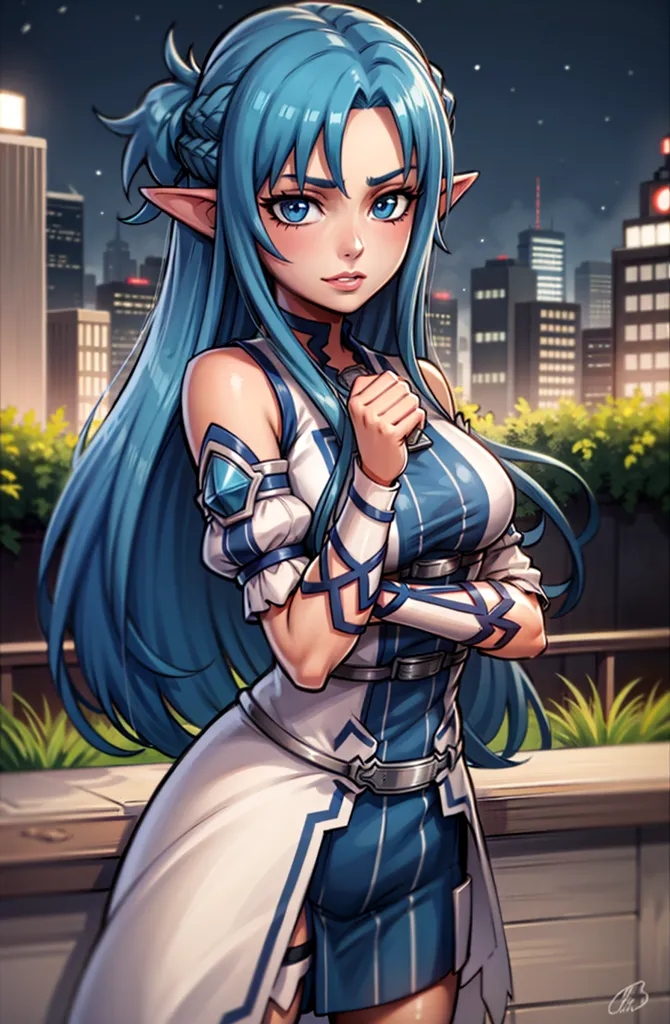 La imagen es una ilustración de estilo anime de una mujer joven con cabello azul largo y ojos azules. Lleva un atuendo blanco y azul y tiene una expresión decidida en su rostro. Está de pie en la azotea de un edificio con un paisaje urbano de fondo. La ilustración está hecha en un estilo semi-realista, con sombreado suave y destellos. El cabello de la mujer está especialmente bien representado, con cada mechón individual visible. El fondo está desenfocado, con las luces de la ciudad creando una sensación de profundidad. La composición general está bien equilibrada y crea una sensación de movimiento.