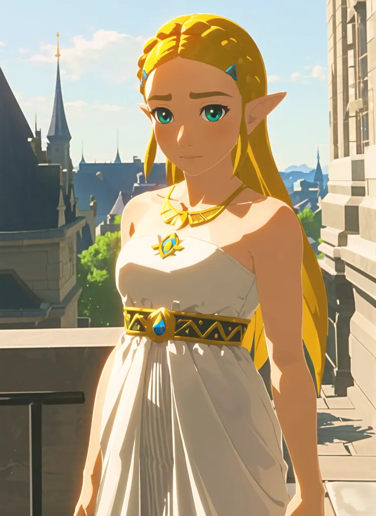 The image shows Princess Zelda from the Legend of Zelda: Breath of the Wild video game. She is wearing a white dress with a blue sash and has her hair in a long braid. She is standing on a balcony in Hyrule Castle, and there are buildings and mountains in the background.