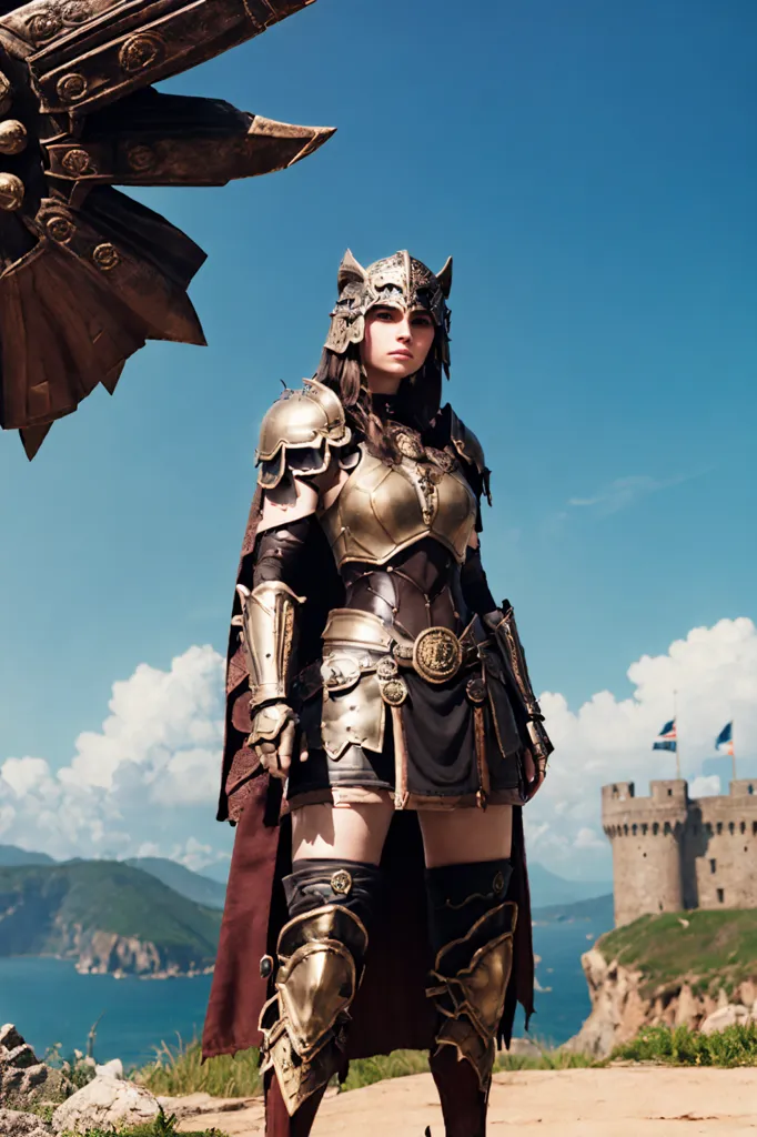 This image shows a woman standing on a cliff. She is wearing a suit of armor and a helmet. The armor is made of metal and has a bronze color. The helmet has a visor that is covering her face. She is also wearing a brown cape. She is standing in front of a large castle. The castle is made of stone and has a large tower. The sky is blue and there are some clouds in the distance.