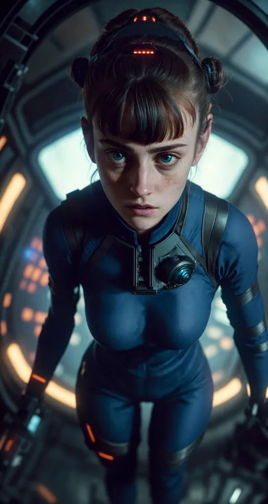 Esta es una imagen de una niña joven con un traje espacial futurista, cabello castaño y ojos azules. Ella mira hacia abajo al espectador con una expresión seria. Lleva un mono azul con detalles naranjas y un cinturón negro de utilidad. Tiene un dispositivo sujeto al pecho. Está de pie en una nave espacial u otro entorno futurista.