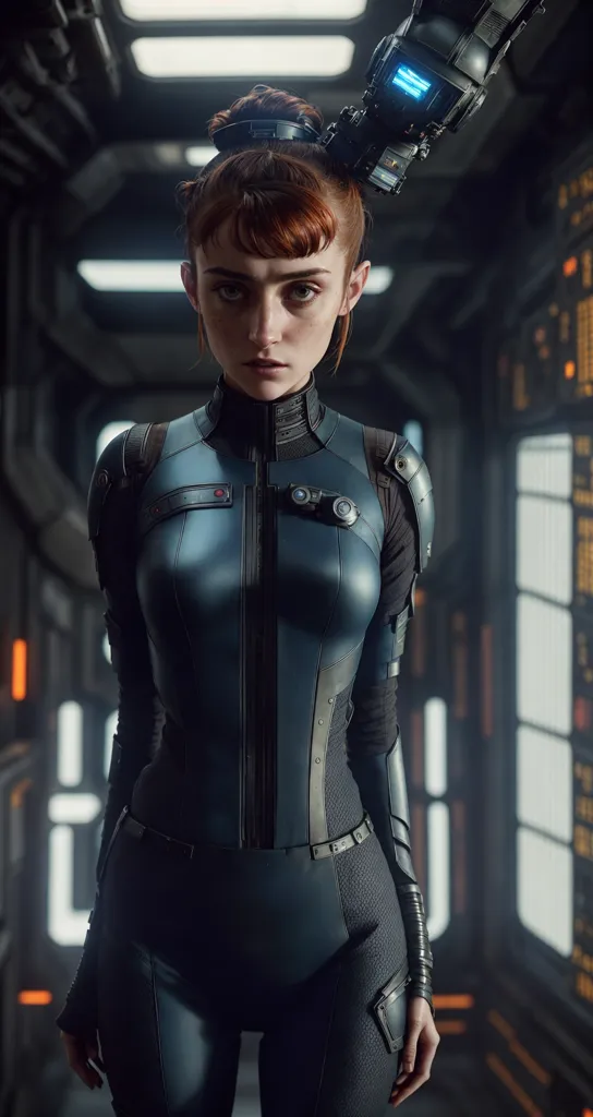 This is an image of a young woman standing in a futuristic hallway. She is wearing a skin-tight blue suit with various technological gadgets attached to it. She has a small device attached to the back of her head and a larger device attached to her right arm. She is looking at the viewer with a neutral expression.