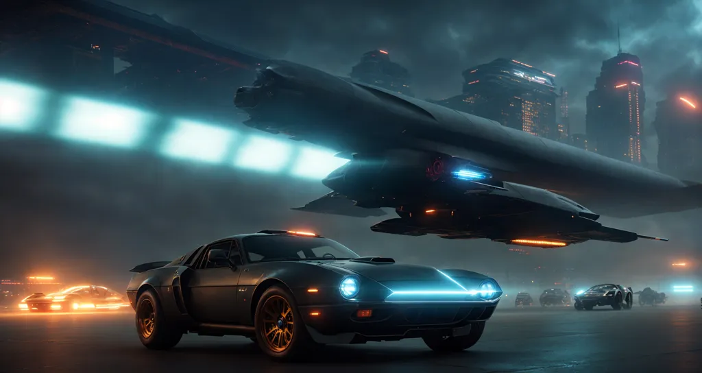 A dark futuristic city street with flying cars and a spaceship in the background.