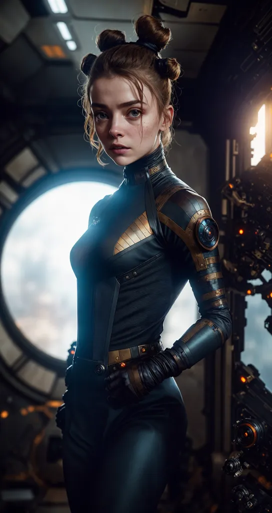 The image shows a young woman standing in a futuristic setting. She is wearing a black and gold bodysuit which has gold accents. The suit has a high collar. She has her hair in two buns on top of her head and has brown eyes. She is looking at the camera with a neutral expression. There is a porthole on the left side of the image and a control panel with a lot of buttons on the right side.