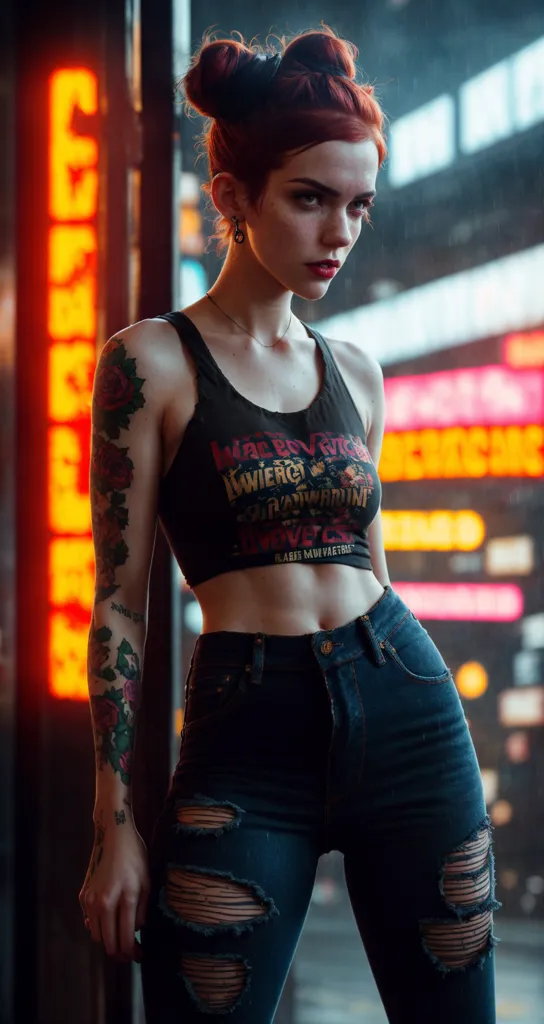 The picture shows a young woman, probably in her 20s, with an urban background. She has bright red hair tied in a bun, fair skin, and dark red lipstick. She is wearing a black cropped tank top, dark jeans with holes at the knees, and a silver necklace. She has tattoos on both arms and a piercing in her left ear. The background of the picture is blurred, with a few neon signs visible. The woman is looking at the camera with a serious expression.