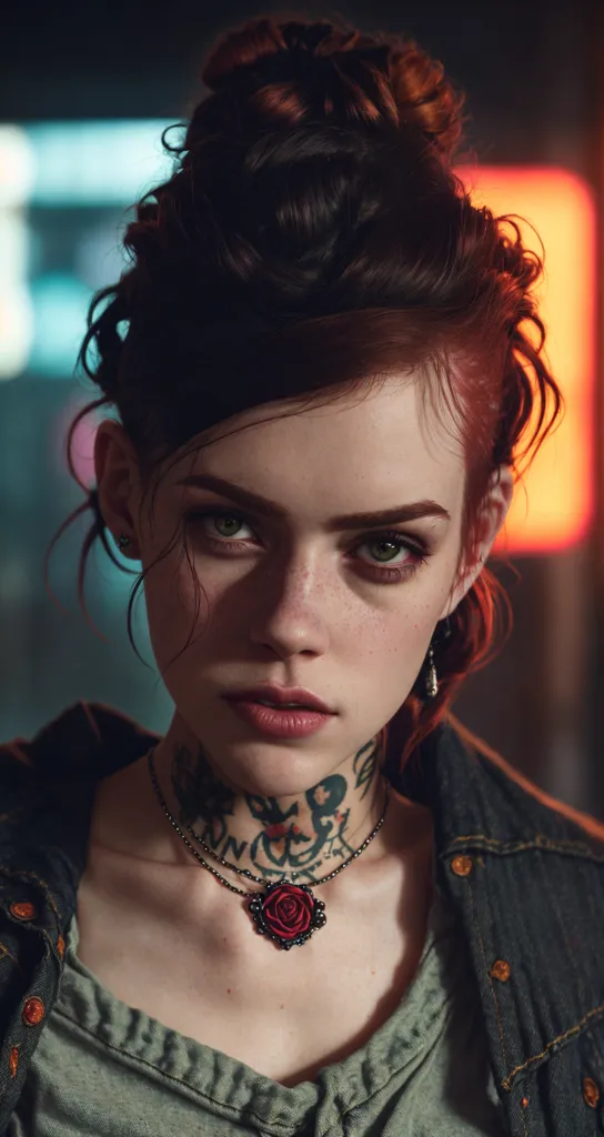 The image is a portrait of a young woman with short red hair styled in a bun. She has green eyes and a beauty mark on her right cheek. She is wearing a denim jacket and a gray t-shirt. The background of the image is blurry and consists of neon lights in red, blue, and green.