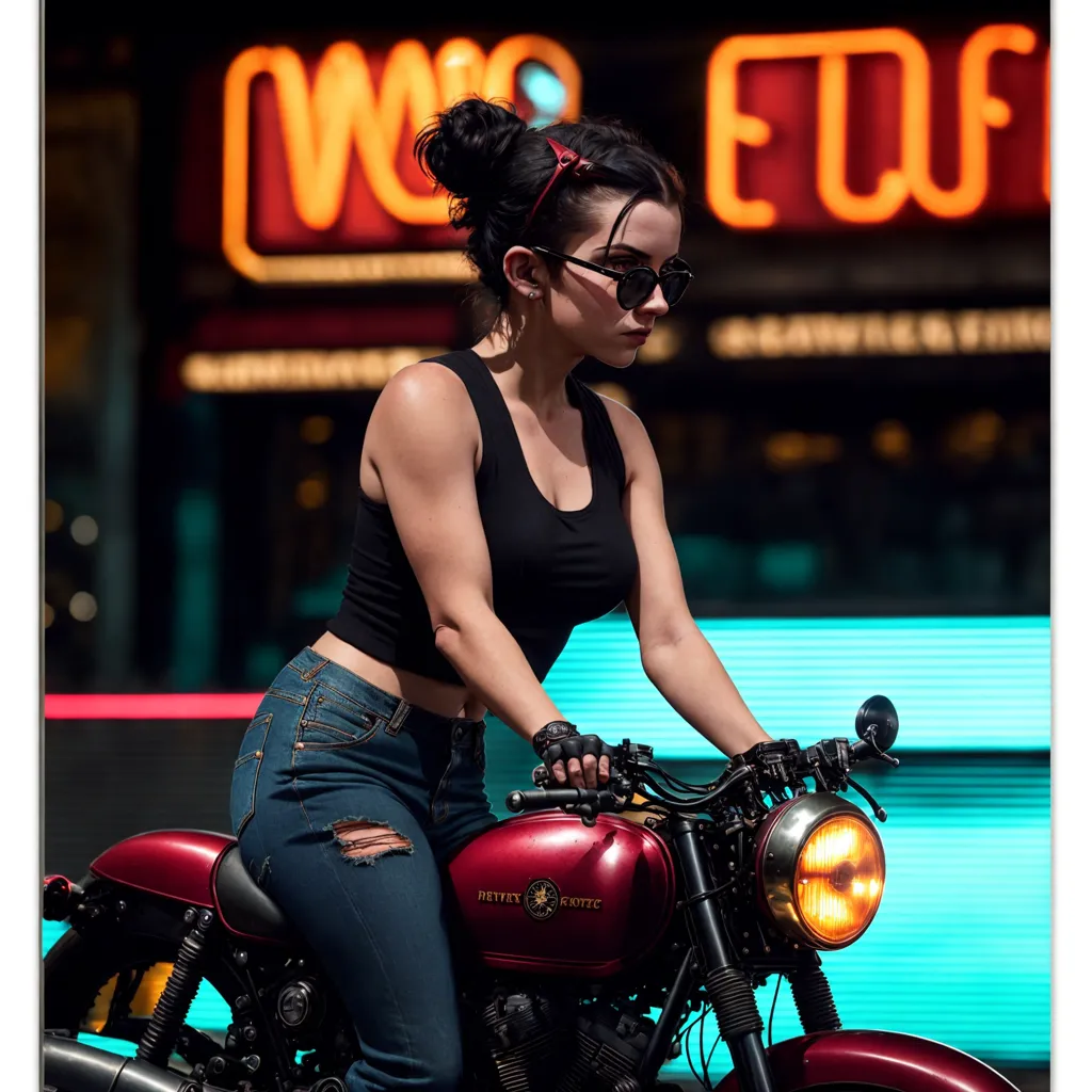 L'image montre une jeune femme assise sur une moto rouge. Elle porte un débardeur noir, un jean bleu et des lunettes de soleil. Ses cheveux sont attachés en chignon et elle porte un bandeau rouge. La moto est garée devant un bâtiment avec une enseigne au néon qui dit "MOTEL". La femme regarde sur le côté et a une expression sérieuse sur le visage.