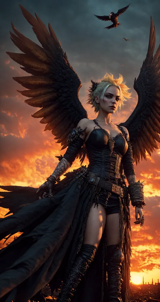 A blonde woman with black feathered wings is standing in front of a sunset. She is wearing a black corset and a black skirt. She has a determined expression on her face. There is a raven flying above her.