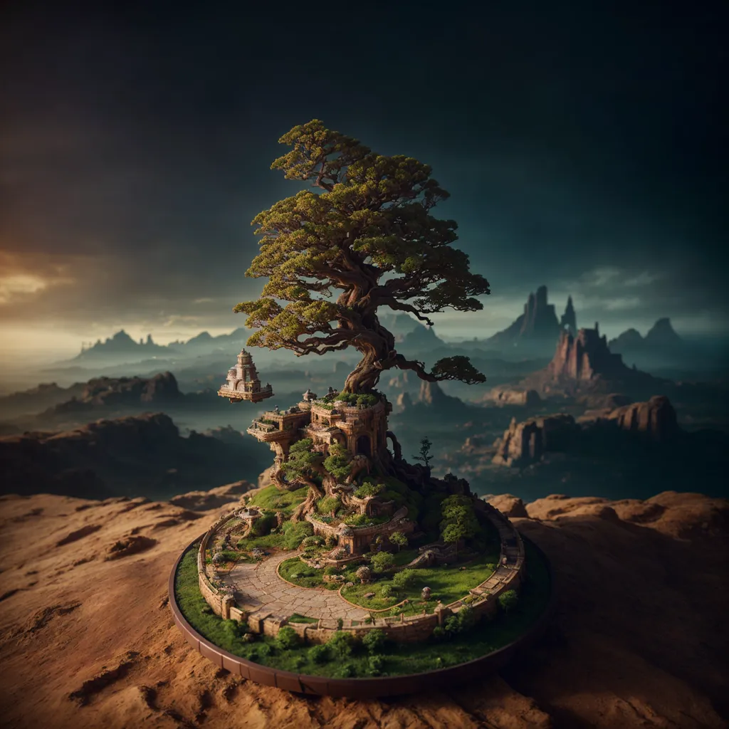 A imagem é uma pintura digital de uma árvore bonsai com um templo no topo. O templo é feito de mármore branco e tem entalhes intrincados. A árvore é cercada por uma floresta verde exuberante e há uma cordilheira ao fundo. O céu é azul escuro e há nuvens ao longe. A imagem é muito detalhada e realista.