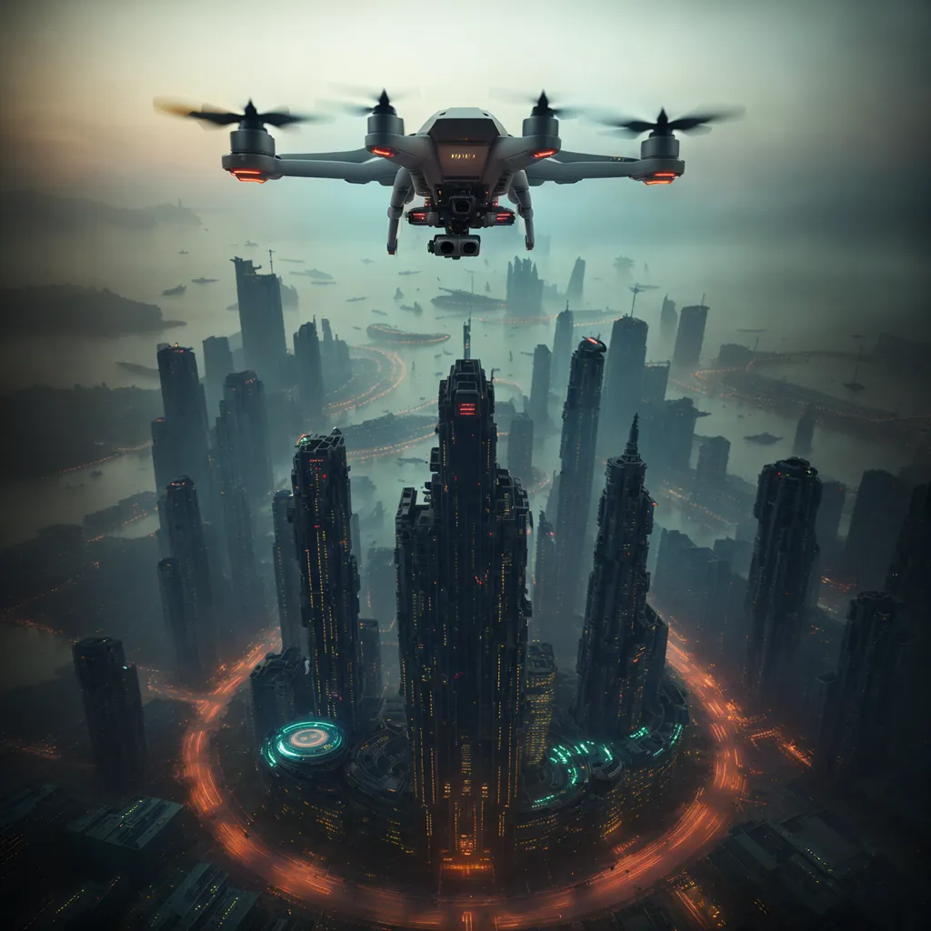 La imagen es un paisaje urbano oscuro y futurista. Es de noche y la ciudad está iluminada por las luces de los edificios y las farolas. Hay un dron volando en el primer plano de la imagen. El dron es negro y gris y tiene cuatro hélices. Está volando hacia el espectador. En el fondo de la imagen, hay una gran ciudad con muchos rascacielos. La ciudad está cubierta por una espesa capa de smog. La imagen es un fotograma fijo de una película o un videojuego.