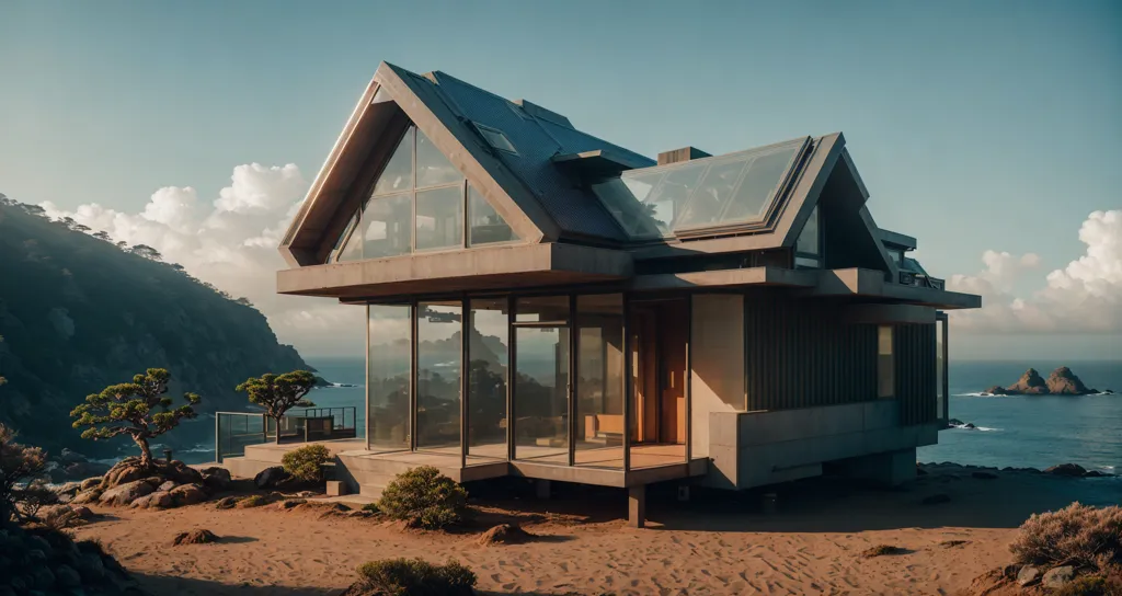 The image shows a modern house on a cliff. The house is made of glass and concrete with a large terrace with a glass railing. The house has a gabled roof. There is a large window on the front of the house. The house is surrounded by trees and shrubs. The ocean is in the background.