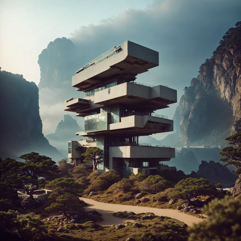 The image shows a brutalist concrete building on a rocky hilltop. The building has a stepped design, with each level featuring large windows and balconies. The exterior of the building is covered in a layer of vegetation. The sky is cloudy and there are mountains in the background.