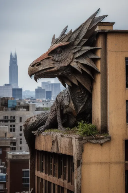 A imagem é uma pintura digital de um dragão em um edifício. O dragão está empoleirado na borda do edifício, olhando para uma cidade. A cidade está em ruínas, com muitos dos edifícios destruídos ou abandonados. O dragão é feito de metal e tem um corpo longo e serpentino. Suas asas estão dobradas contra as costas, e sua cauda está enrolada na borda do edifício. Os olhos do dragão estão fechados, e ele tem uma expressão pensativa em seu rosto. A pintura é feita em um estilo realista, e os detalhes do dragão e da cidade são renderizados com grande detalhe.