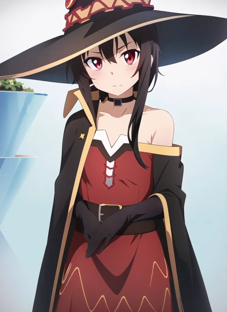 The image is of a young girl with long black hair and red eyes. She is wearing a red and black dress with a white collar and a black witch's hat with a red band around it. She is standing in front of a white background, and she has a slightly surprised expression on her face.