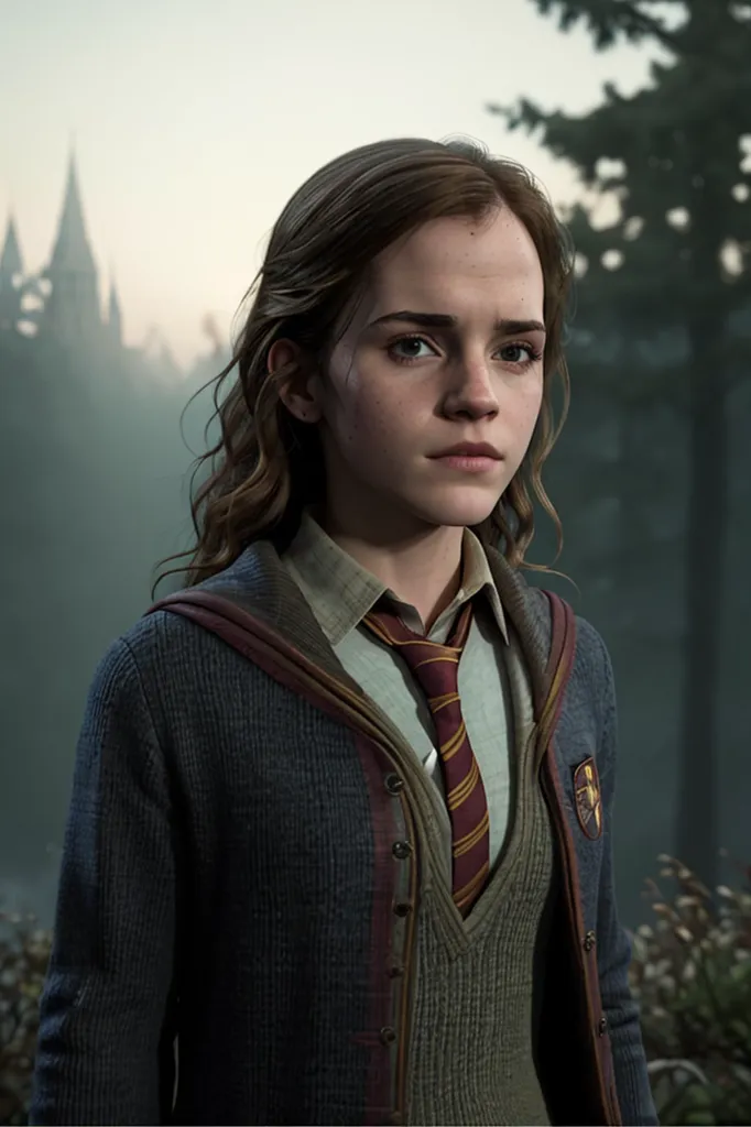 This image shows a young woman with long brown hair, brown eyes, and a fair complexion. She is wearing a white shirt, a red and gold tie, and a gray sweater with a Gryffindor patch. She is standing in a forest, and there is a castle in the background. The woman is looking at the camera with a serious expression.