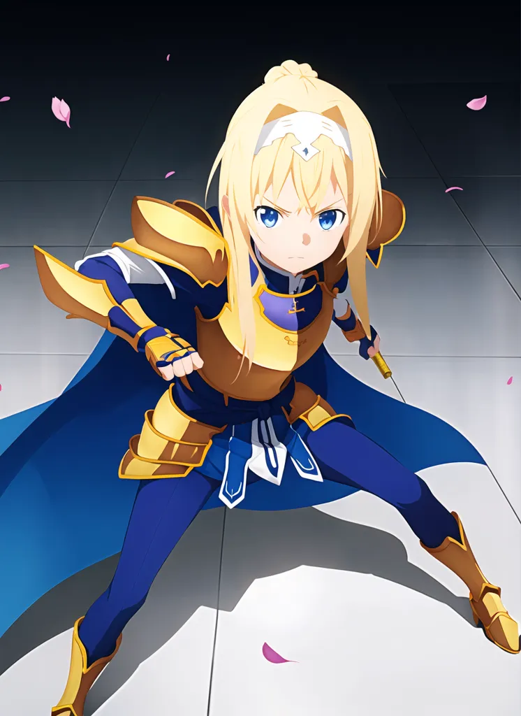 The image shows a young girl with long blond hair and blue eyes. She is wearing a blue and gold knight's armor and a white cape. She is standing in a fighting stance, with her right fist raised and her left hand holding a sword. The background is a dark color with some light pink petals falling from the top. The girl's expression is serious and determined.